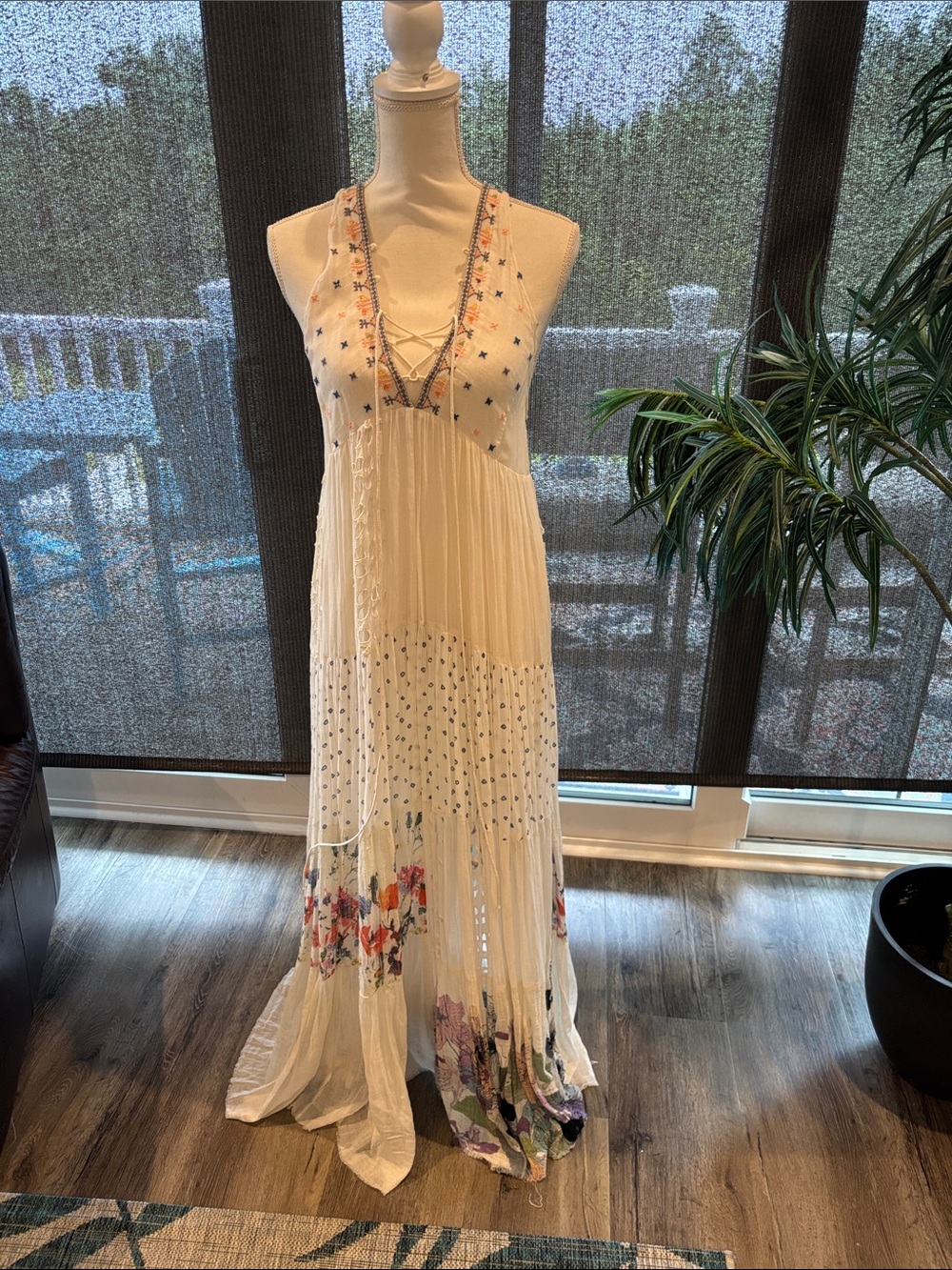 Free People Cream Floral Embroidered Maxi Dress - Boho Summer Dress